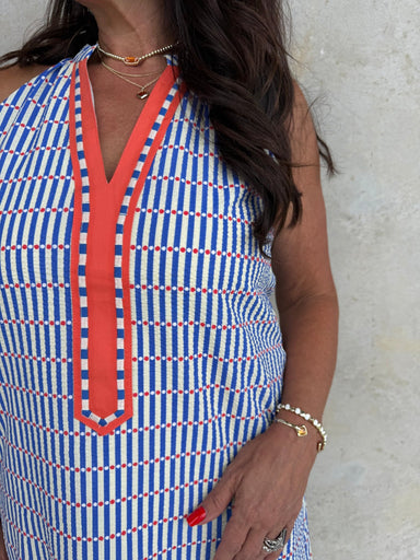 Contrast Trim Sleeveless Stripe Dress Blue - Beau Kisses