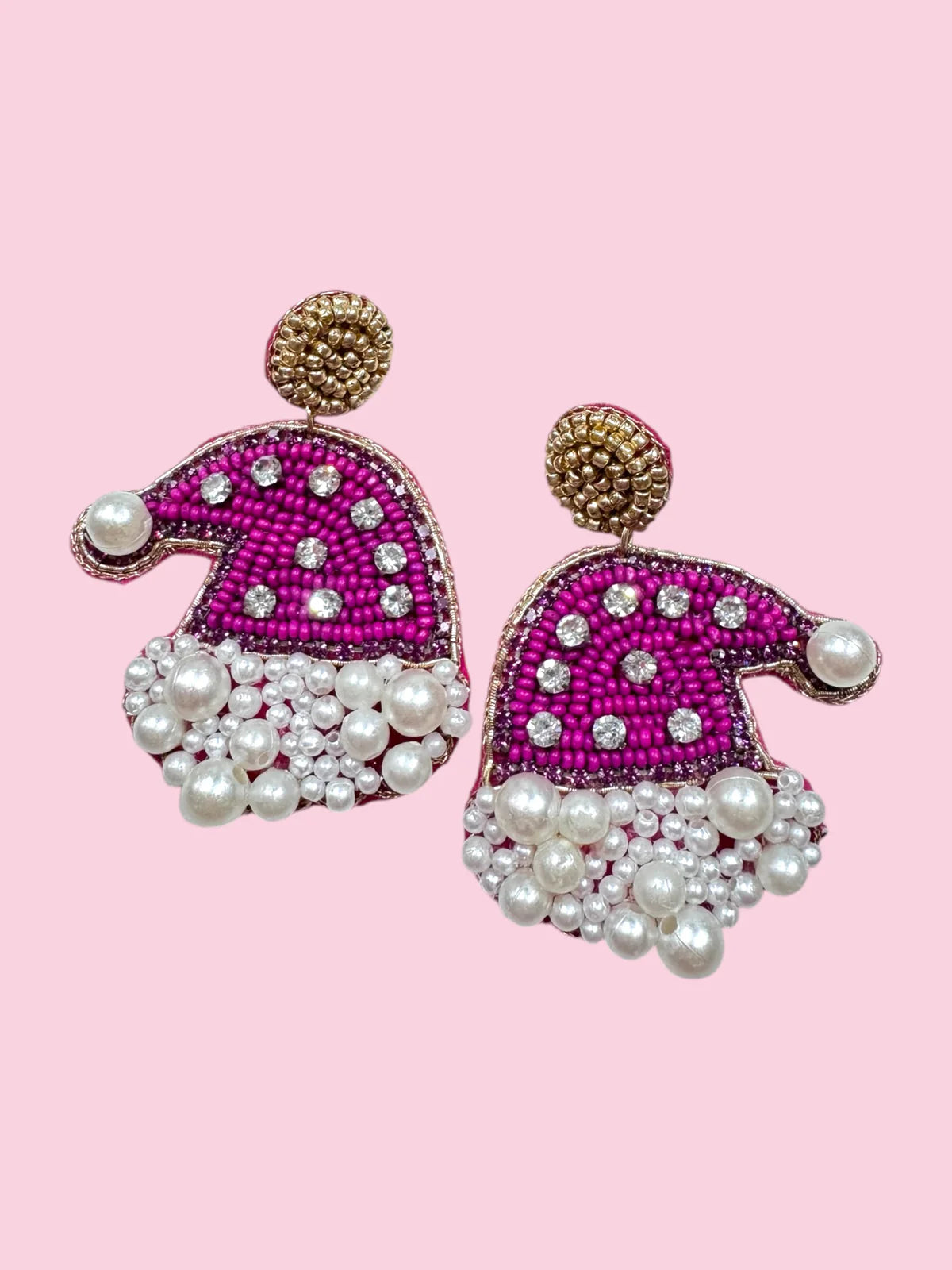 Beaded Earring Santa Hat With Pearls Pink