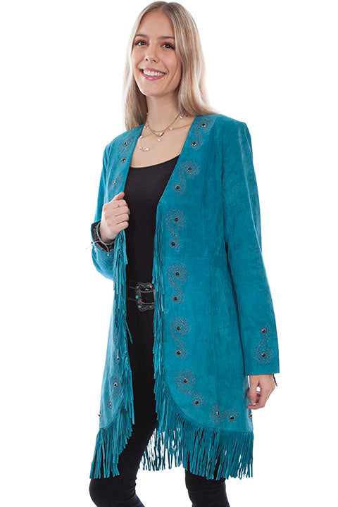 Long Fringe Embroidered Suede Coat Turquoise