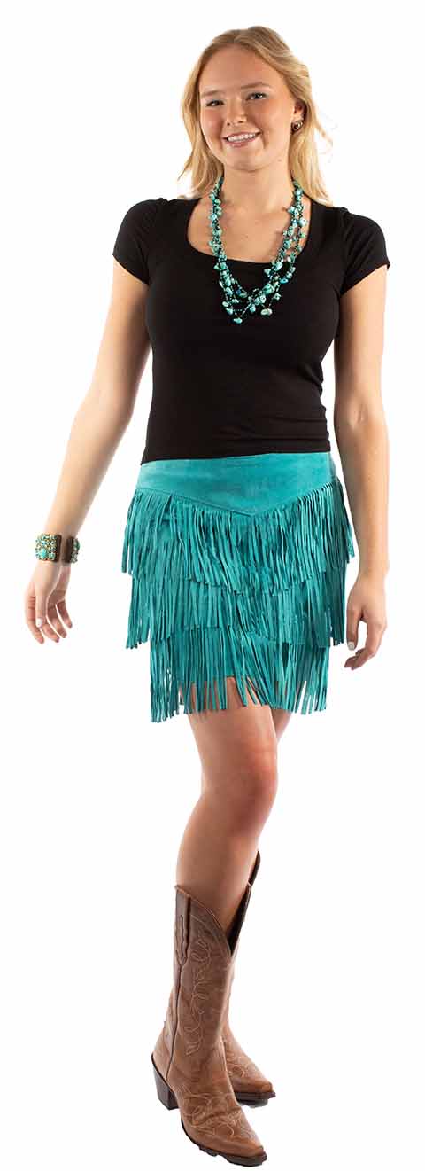 Boar Suede Fringe Short Skirt Turquoise