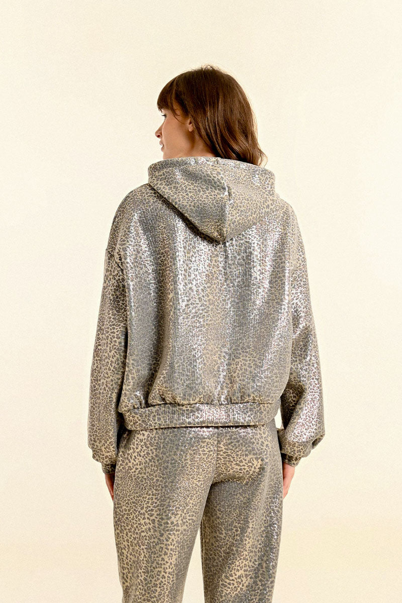 Metallic Animal Print Hoodie Beige