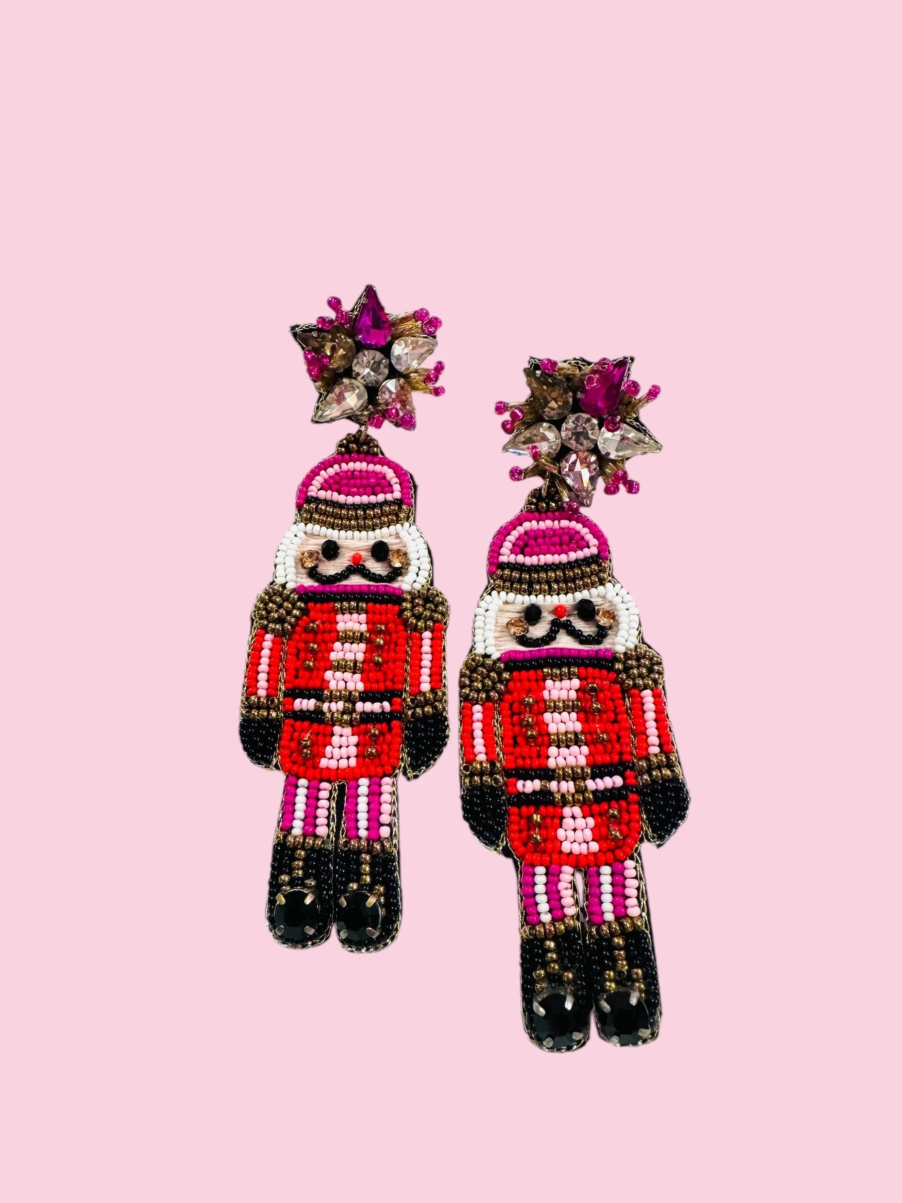 Beaded Earring Nutcracker Multi Pink