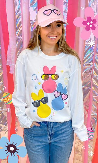 Peeps with Sequin Sunglasses Long Sleeve Tee White - Beau Kisses