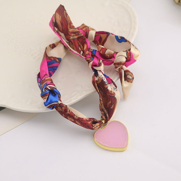 Glass Heart Pendant Silk Knotted Scarf Bandana Necklace Pink - Beau Kisses