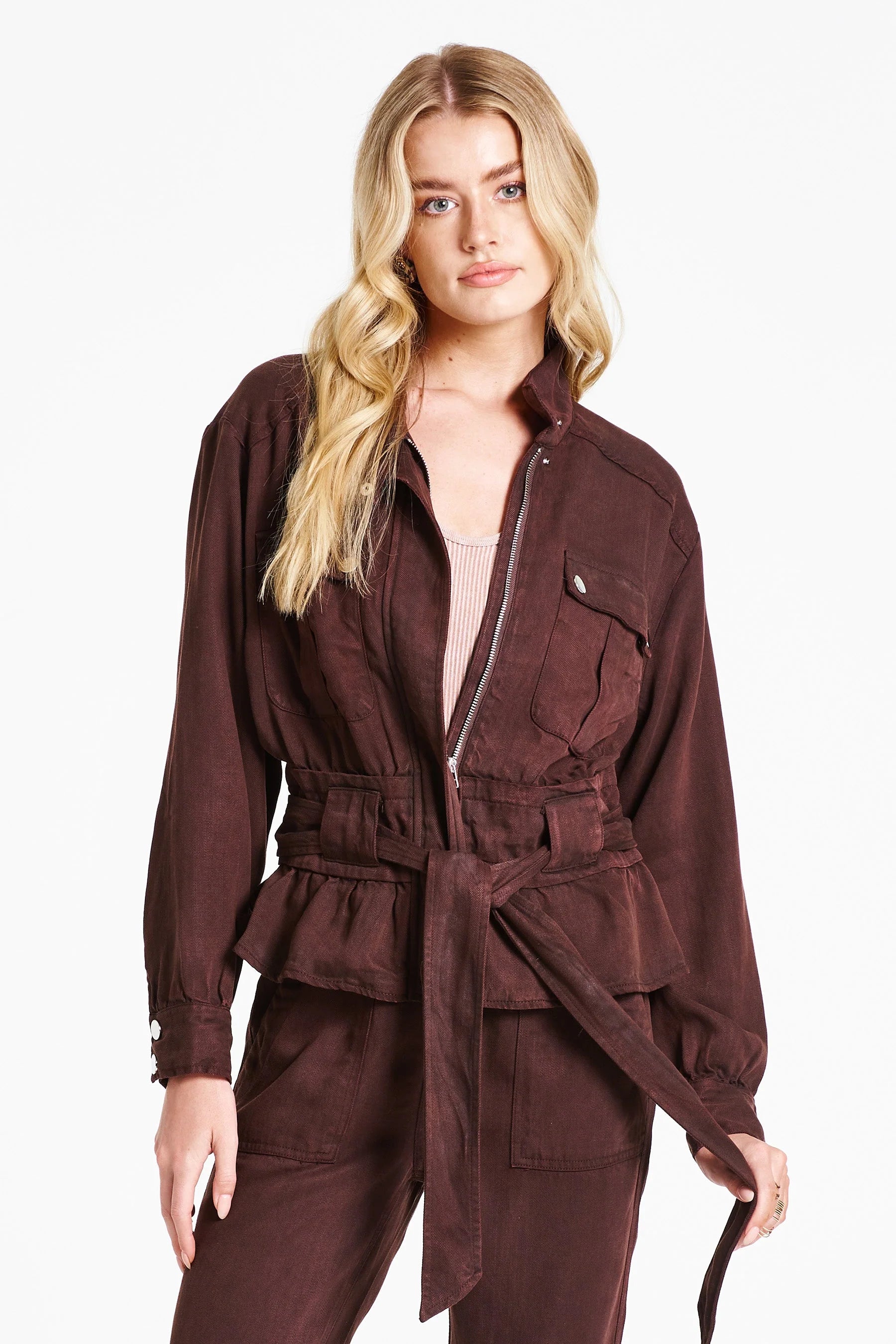 Austin Dropped Shoulders Cinched Waist Front Patch Pockets Dark Oak - ONLINE ONLY - Beau Kisses