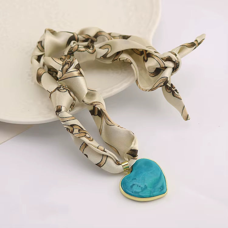 Glass Heart Pendant Silk Knotted Scarf Bandana Necklace Turquoise