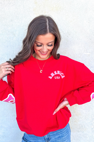 America Long Sleeve Pullover Sweatshirt Cherry Red - Beau Kisses