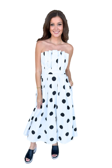 Polka Dot Strapless Pleated Midi Dress Off White - Beau Kisses