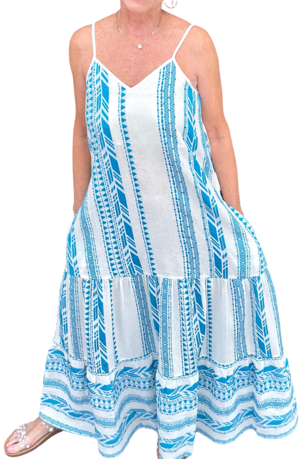 Maxi Spaghetti Strap Tiered Maxi Dress White and Blue Print