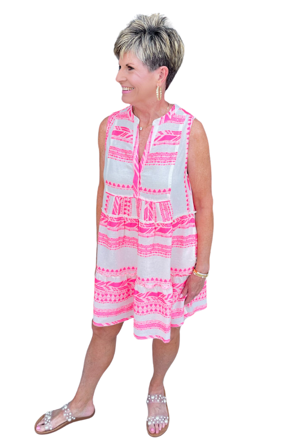 A Line Sleeveless Dress White and Pink Print