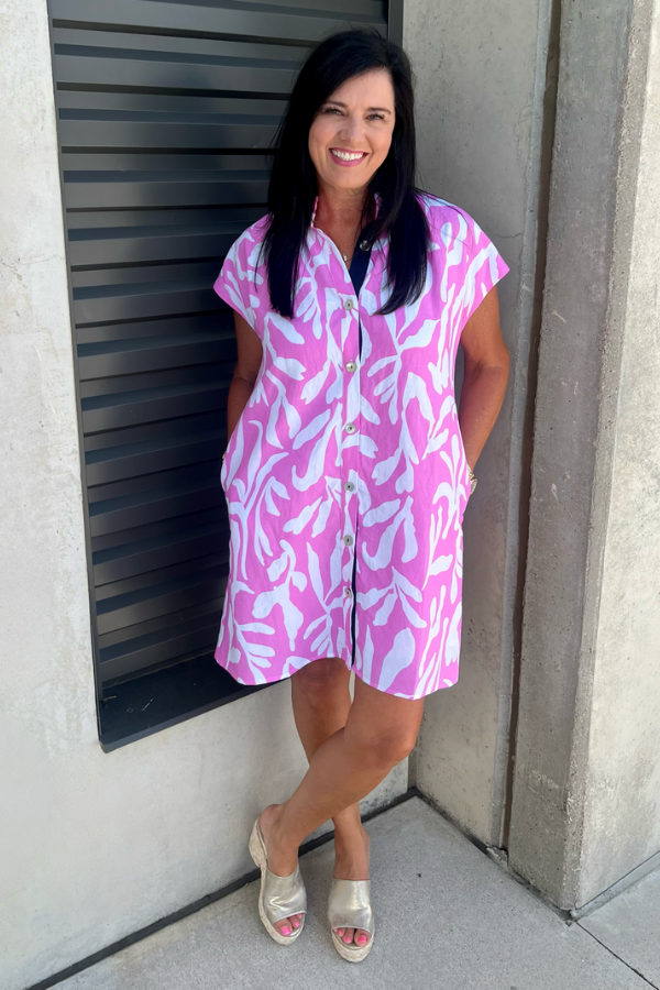 Short Sleeve Button Up Patterned Dress Pink