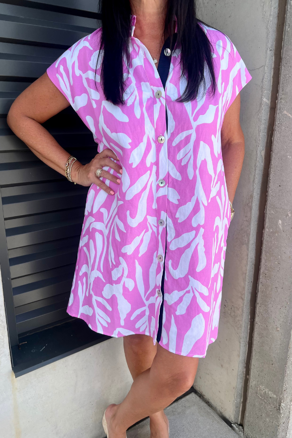 Short Sleeve Button Up Patterned Dress Pink