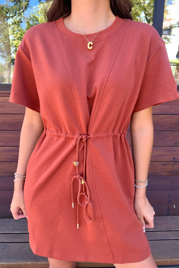 Drawstring Waist Mini Dress Chestnut