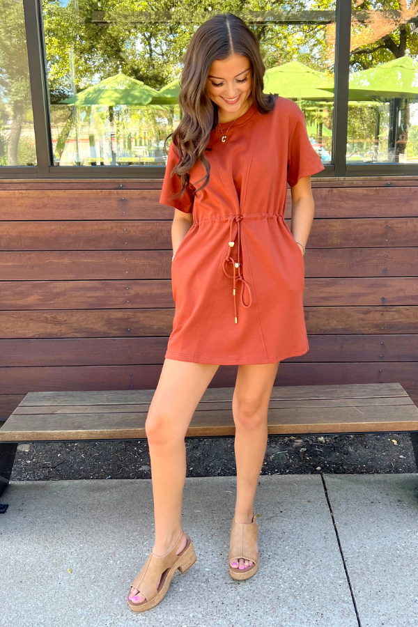 Drawstring Waist Mini Dress Chestnut