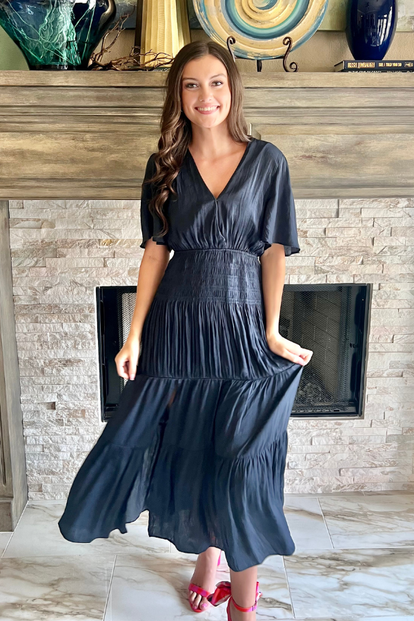 Smocked Short Sleeve Maxi Dress Navy