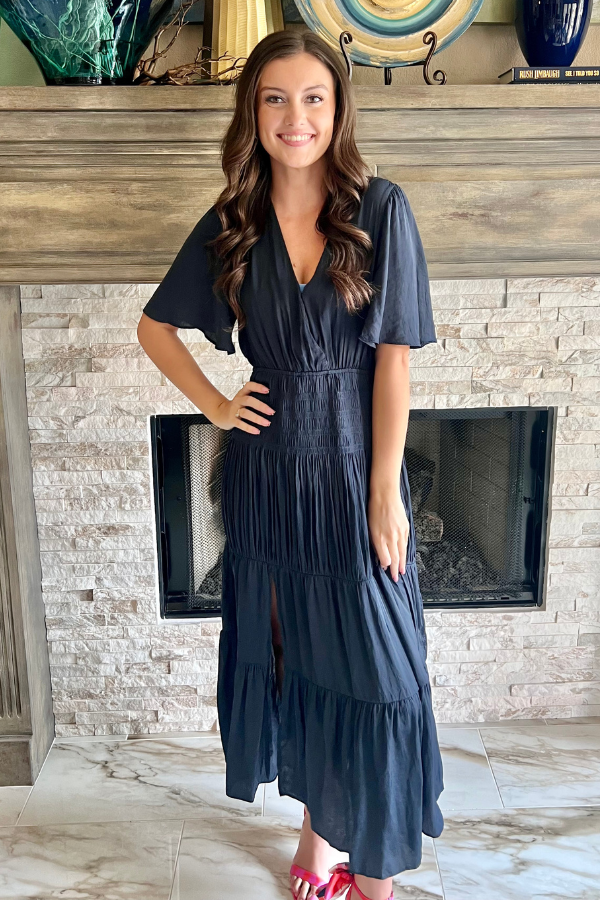 Smocked Short Sleeve Maxi Dress Navy