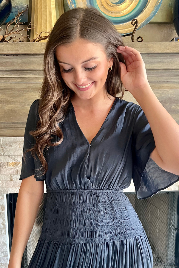 Smocked Short Sleeve Maxi Dress Navy