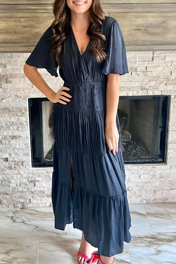 Smocked Short Sleeve Maxi Dress Navy