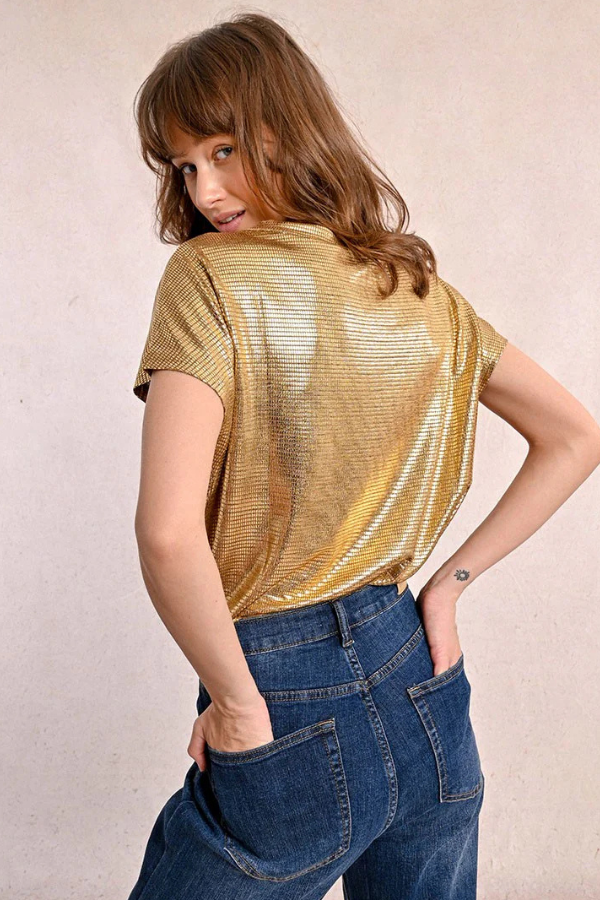 Lamé Jersey V-Neck Tee Gold