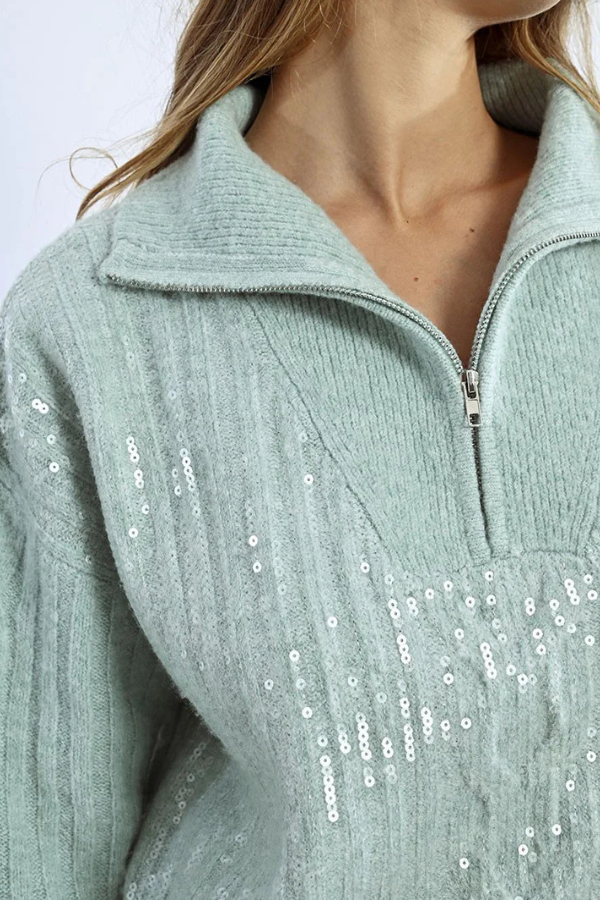 Trucker Collar Cropped Sequin Sweater Mint