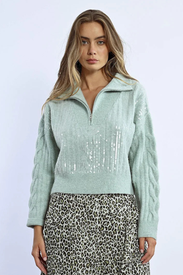 Trucker Collar Cropped Sequin Sweater Mint