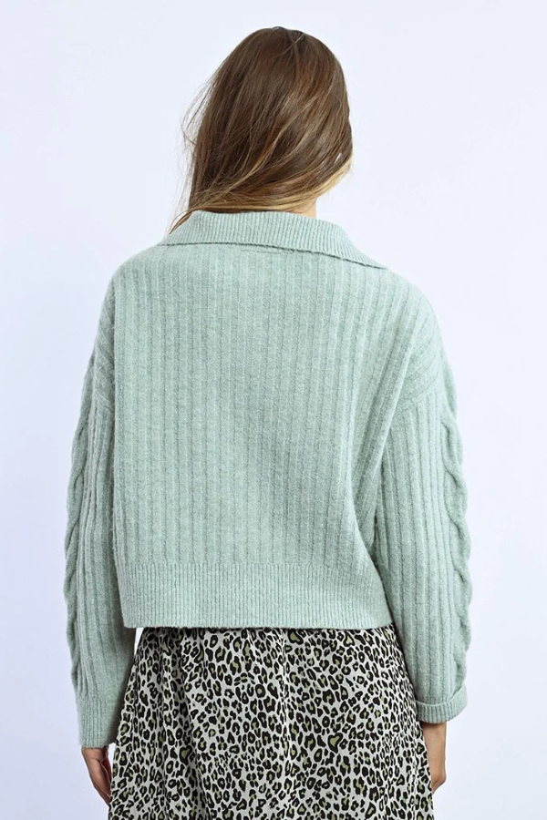 Trucker Collar Cropped Sequin Sweater Mint