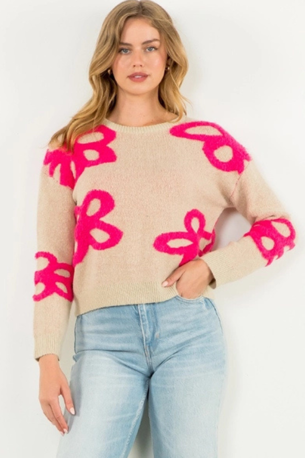 Pattern Detail Sweater Beige and Pink