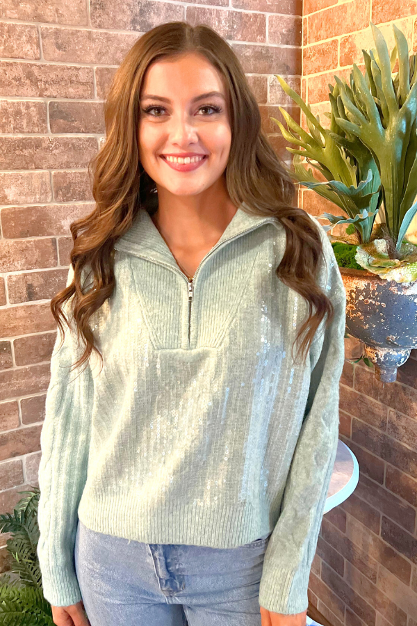 Trucker Collar Cropped Sequin Sweater Mint