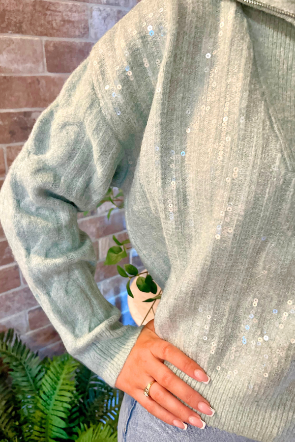 Trucker Collar Cropped Sequin Sweater Mint