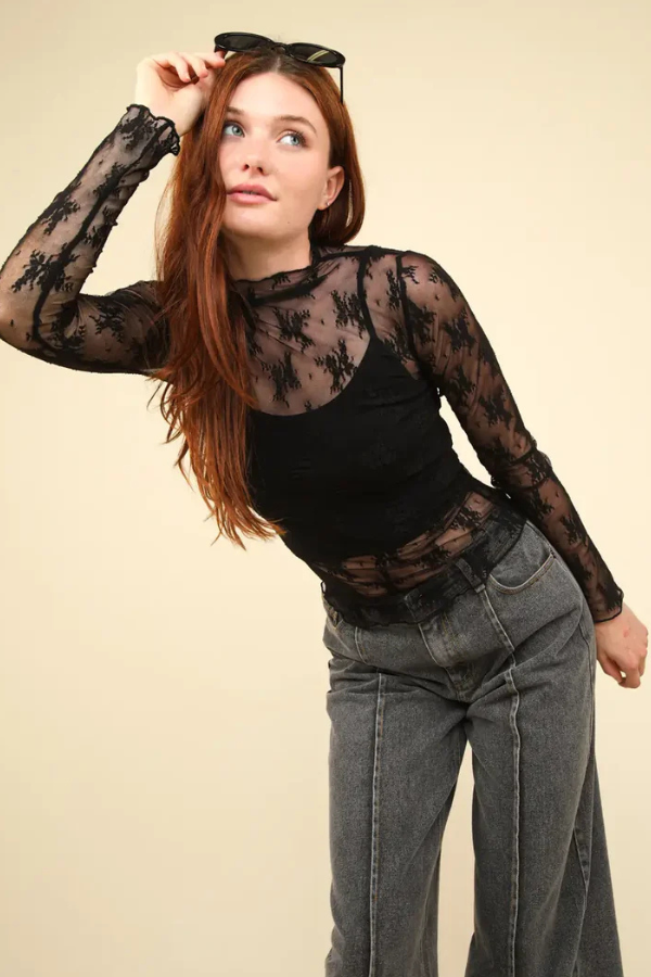 Sheer Lace High Neck Top Black