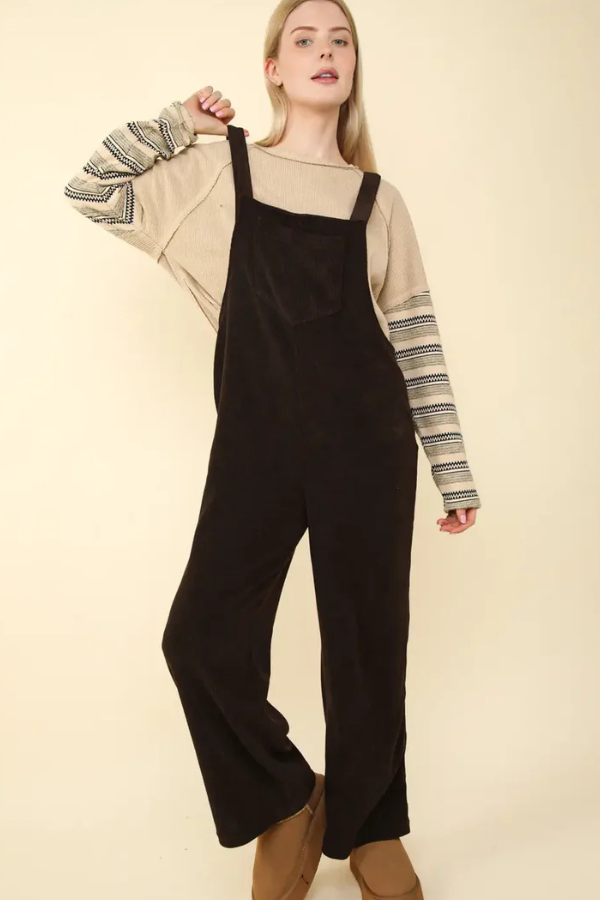 Soft Corduroy Straight Leg Overall Jumpsuit Brown