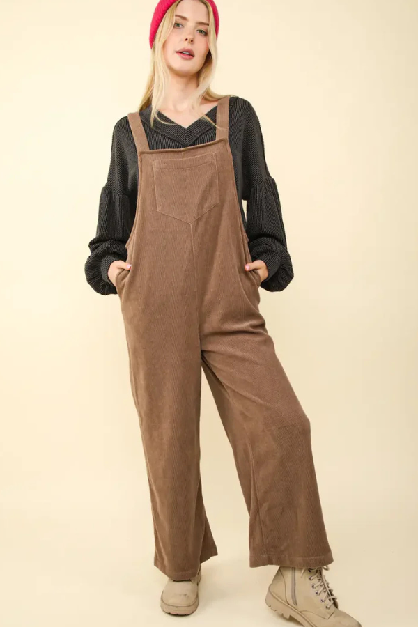 Soft Corduroy Straight Leg Overall Jumpsuit Mocha