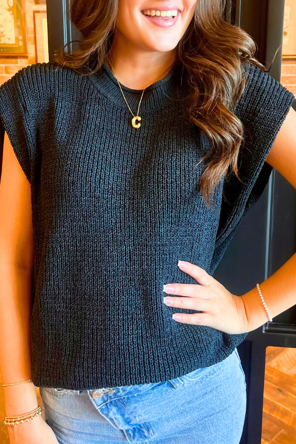 Oversized Soft Knit Sweater Vest Top Black