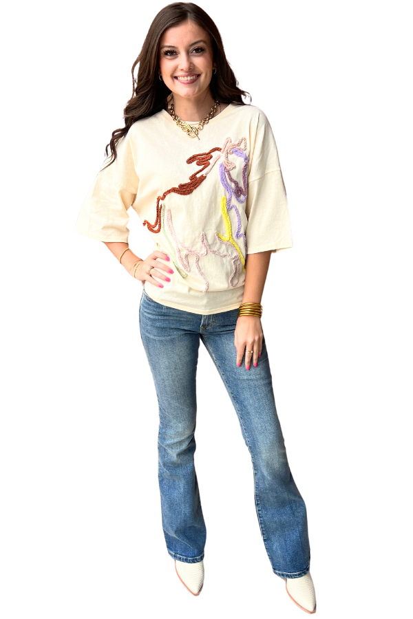 Cotton Jersey Multi Color Horse Drawing Embroidered Top Cream