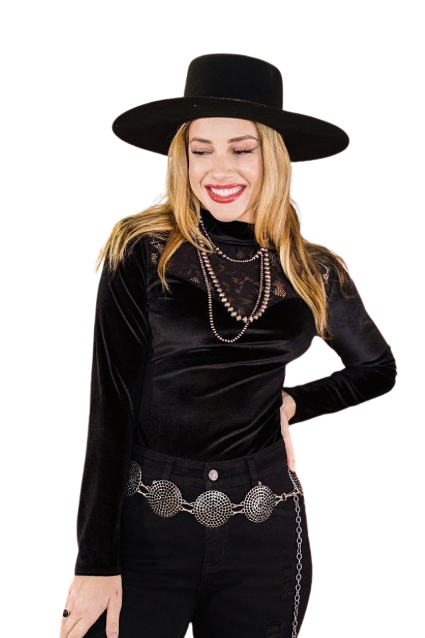 Velvet Long Sleeve Bodysuit With Lace Detail Black
