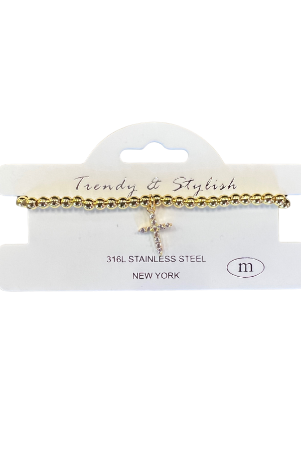 Gold Beaded Bracelet with Crystal Cross