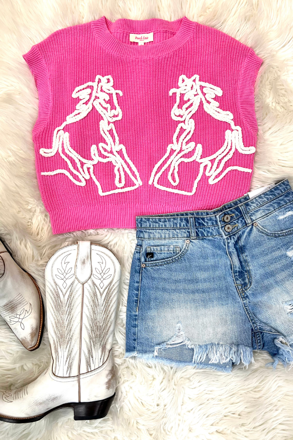 Horses Thread Embroidered Sweater Vest Pink