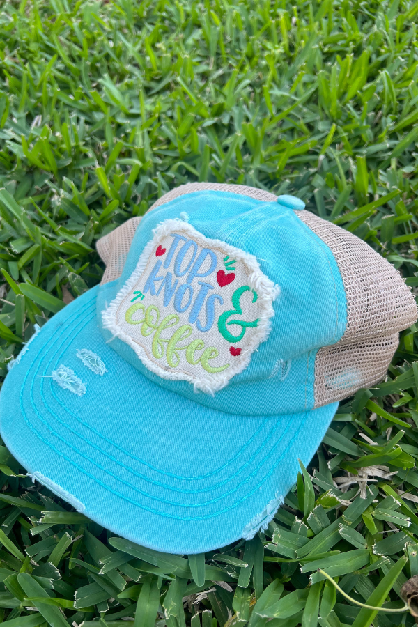 Distressed Embroidered Top Knots And Coffee Ponytail Cap Mint