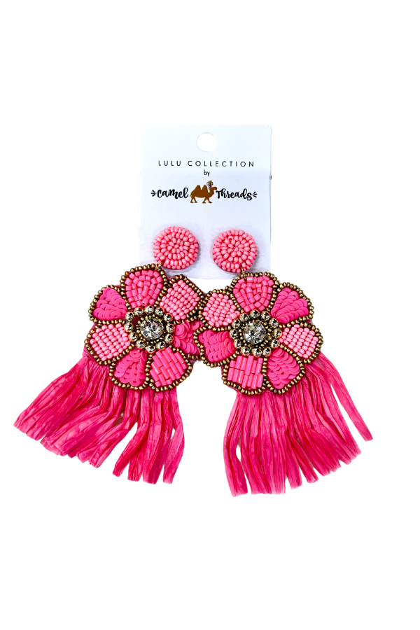 Beaded Earrings Tassel Flower Pink