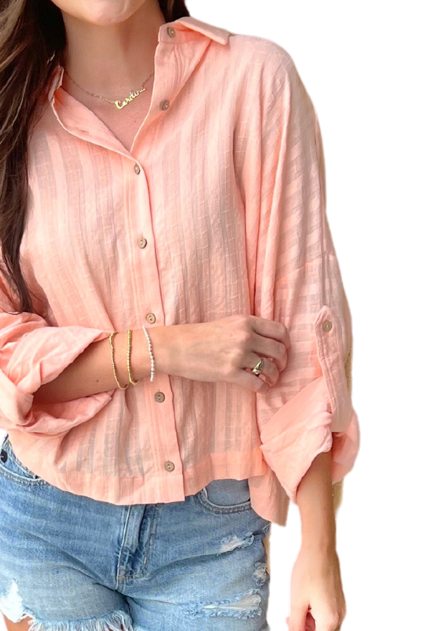 Textured Voile Roll Up Sleve Top Peach