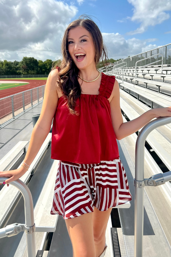 Zoey Ruffle Shirred Swing Tank Wine