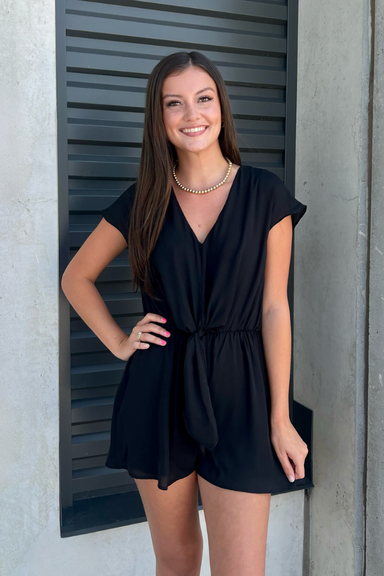 Solid Drop Shoulder Tie Romper Black - Beau Kisses