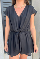 Solid Drop Shoulder Tie Romper Black - Beau Kisses