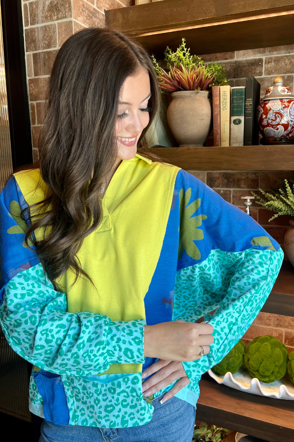 Color-Block Print Top Apple Green