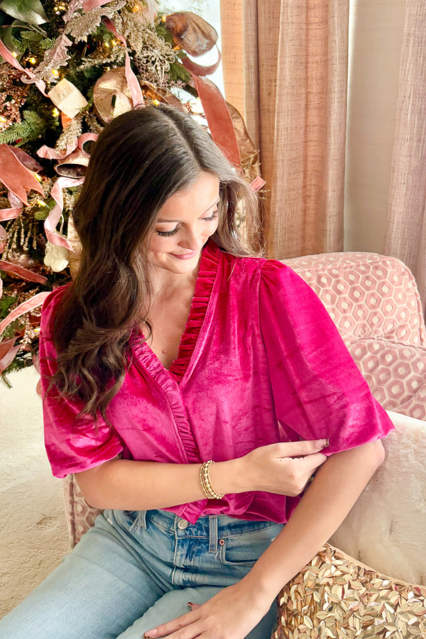 Puff Sleeve Velvet Top Fuchsia