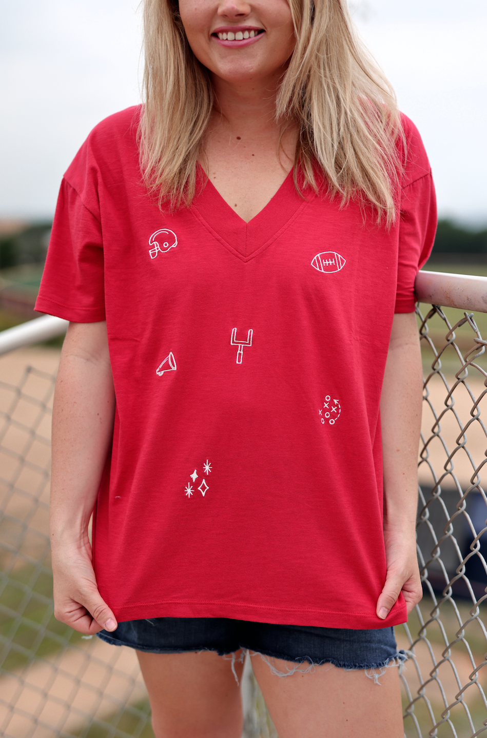 Boyfriend V-Neck Embroidered Football Elements Red - Beau Kisses