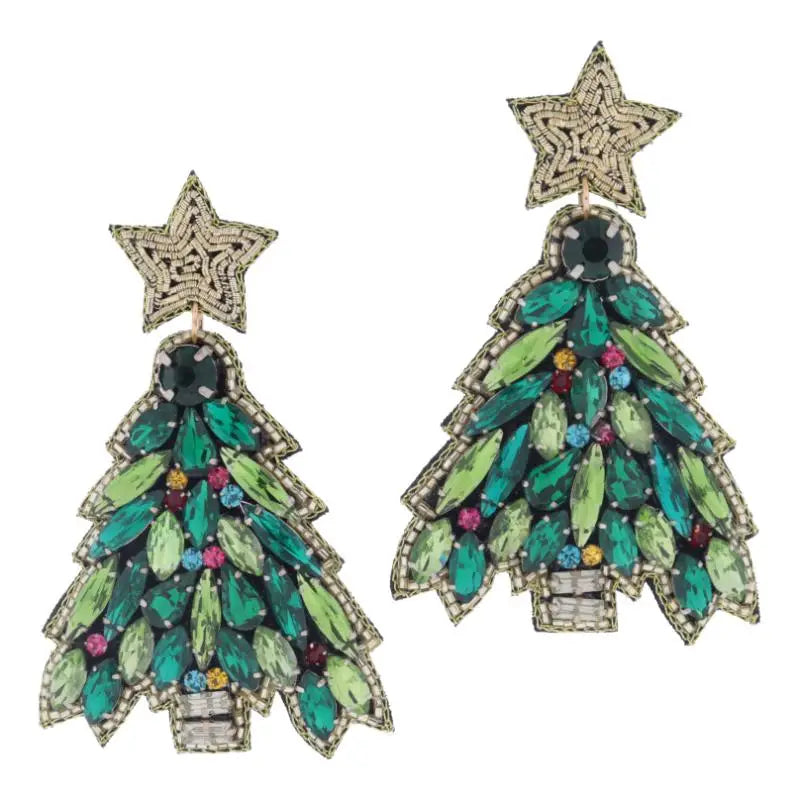 Star Post Crystal Christmas Tree Earrings Green - Beau Kisses