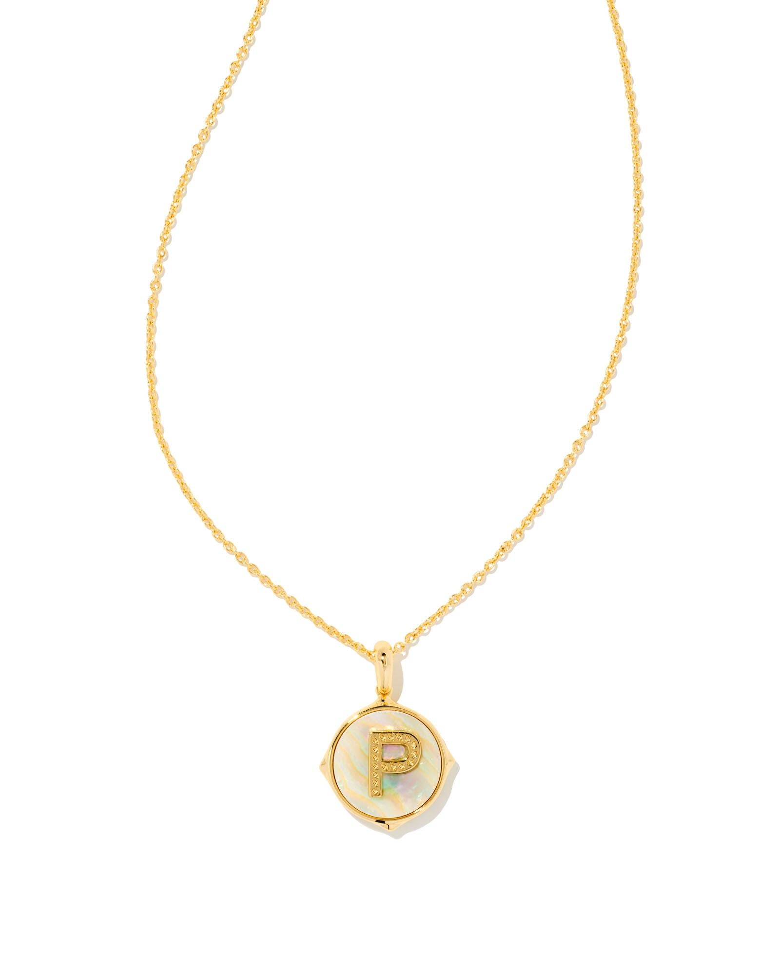 Letter P Disc Pendant Necklace Gold Iridescent Abalone
