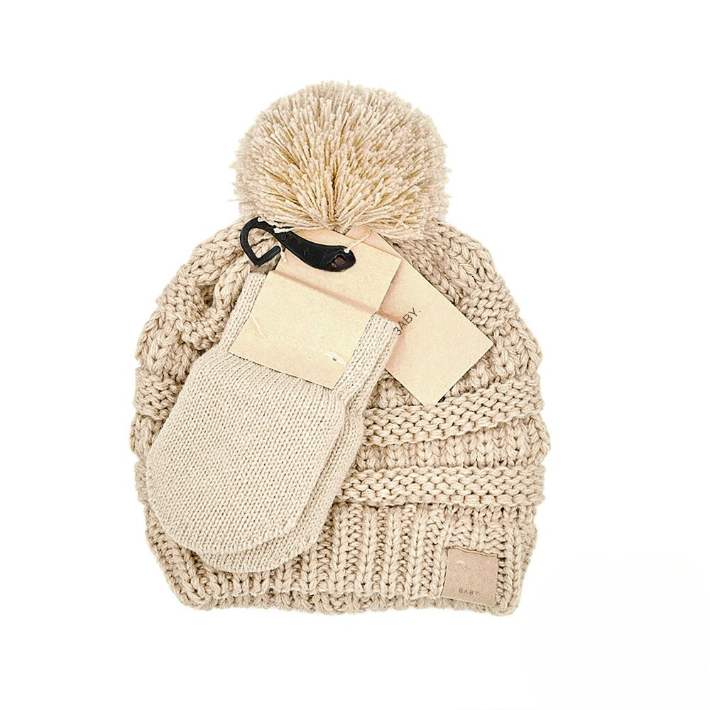 Solid Ribbed Baby Beanie Hat and Mitten Glove