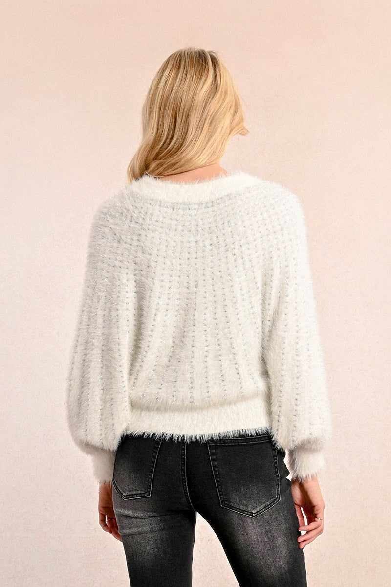 Batwing Sleeve and Sequin Sweater White